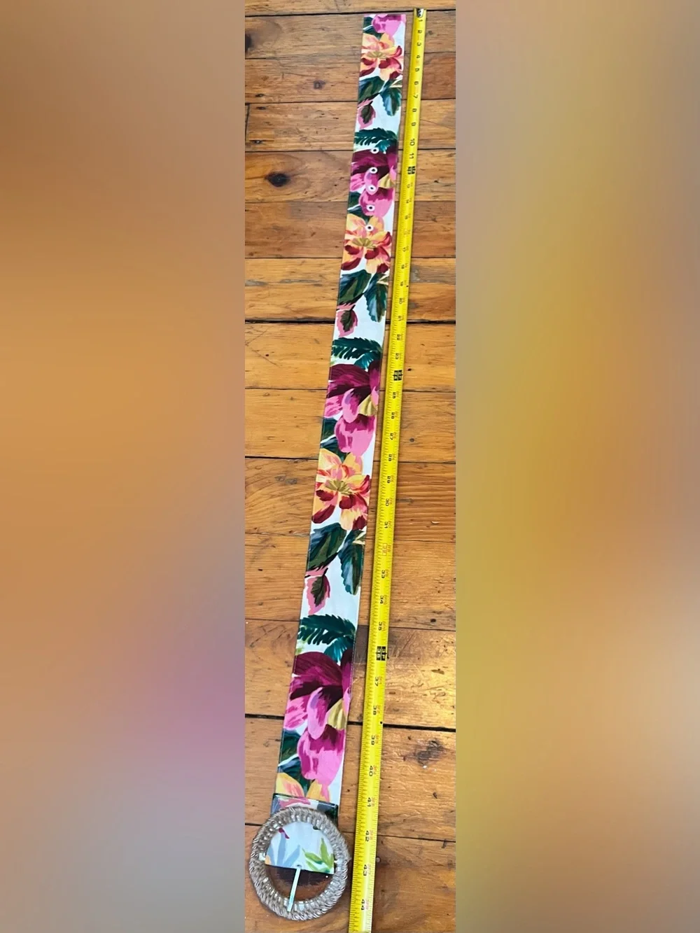 Johnny Was Floral Print Canvas Waist Belt Woven Straw Circular Buckle
